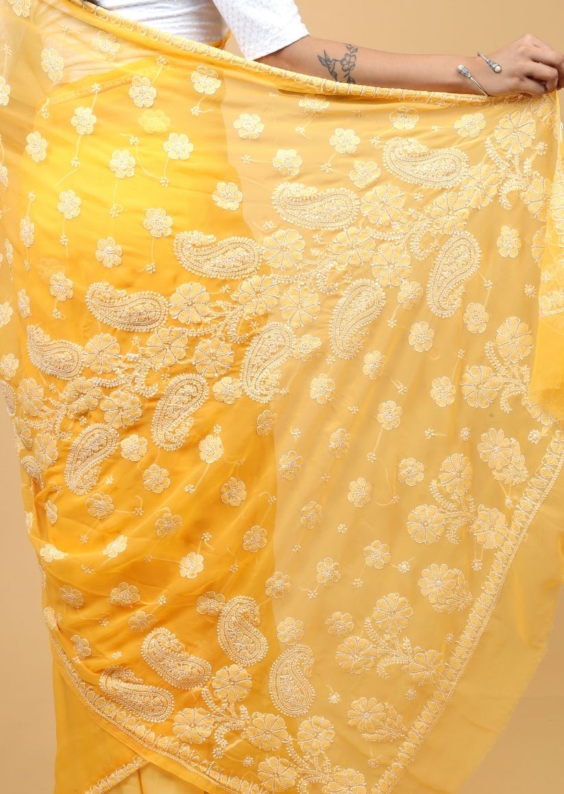 Firgun Amber Yellow Lucknowi Chikankari Georgette Saree