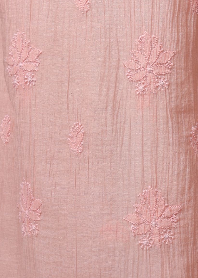 Firgun Peach Lucknowi Chikankari Mul Chanderi Unstitched Kurta & Dupatta Set