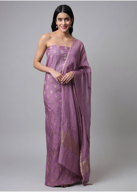 Firgun Wine Lucknowi Chikankari Chanderi Unstitched Kurta & Dupatta Set