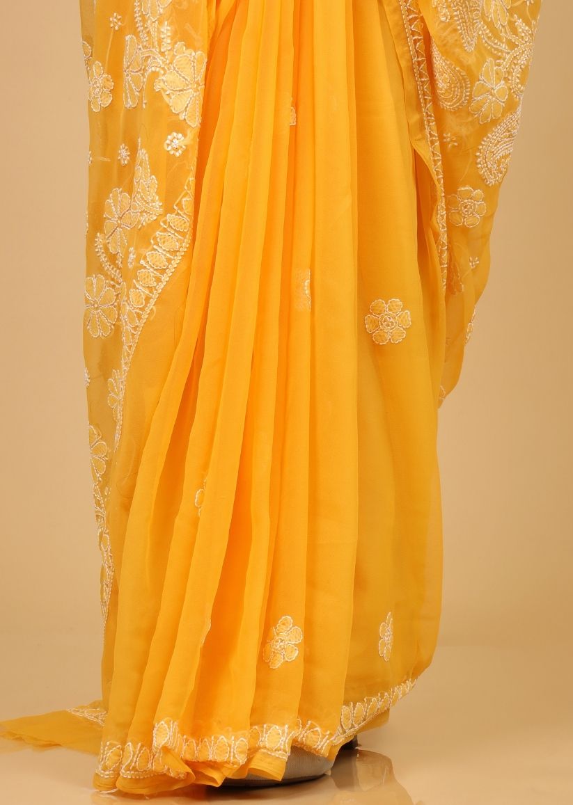 Firgun Amber Yellow Lucknowi Chikankari Georgette Saree