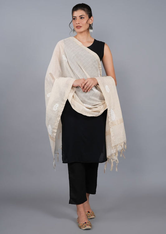 Firgun Beige Lucknowi Chikankari Tissue Dupatta