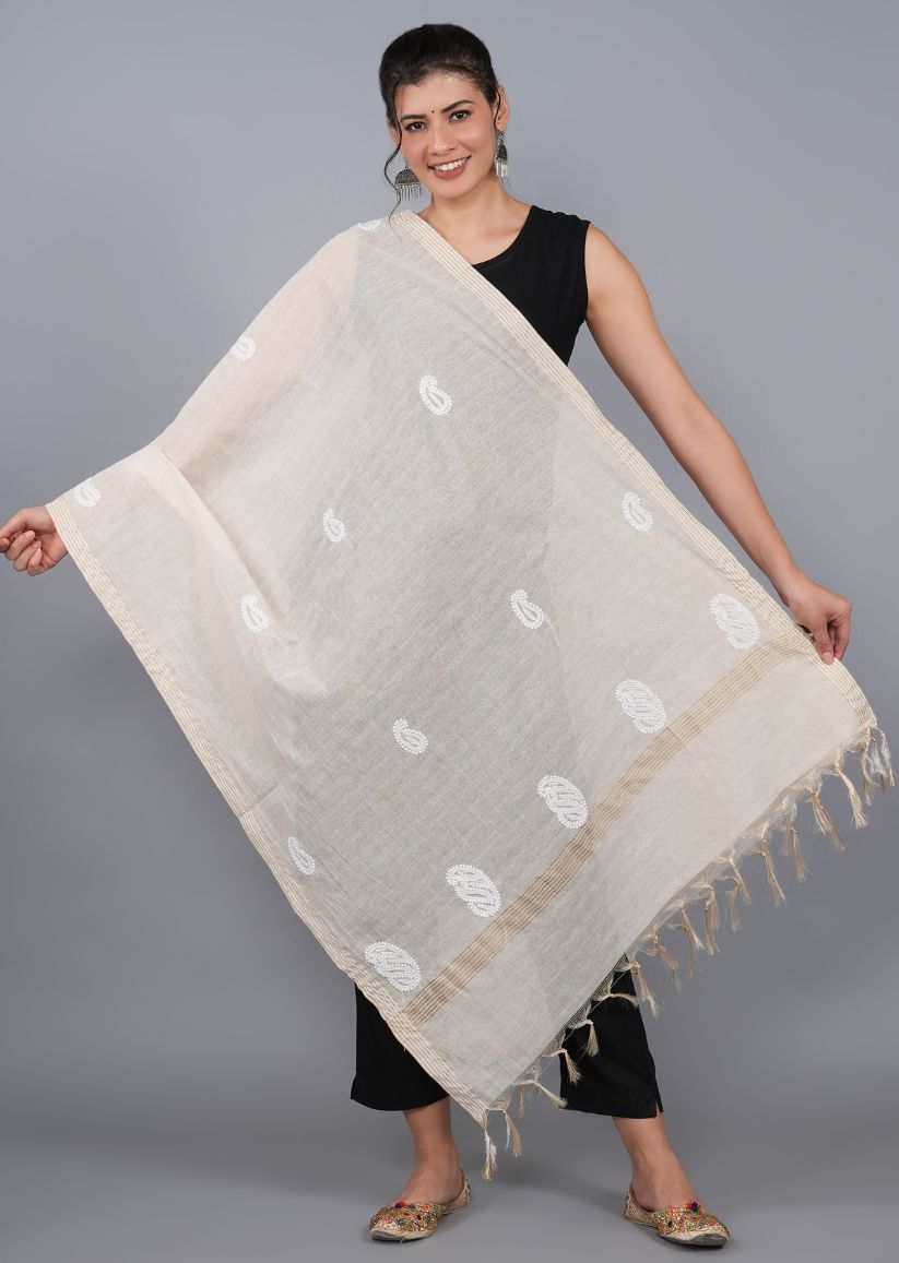 Firgun Beige Lucknowi Chikankari Tissue Dupatta