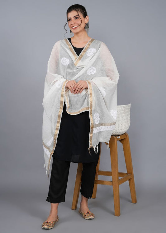 Firgun White Lucknowi Chikankari Kota Doria Dyeable Dupatta