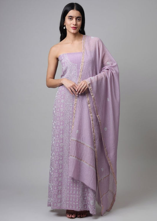 Firgun Mauve Lucknowi Chikankari Maheshwari Cotton Unstitched Kurta & Dupatta Set