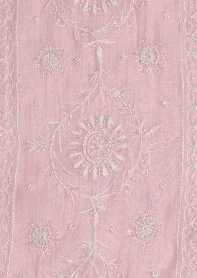 Firgun Baby Pink Lucknowi Chikankari & Pearl Work Mul Chanderi Unstitched Kurta & Dupatta Set