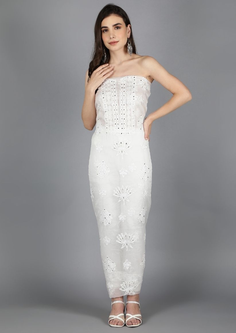 Firgun White Dyeable Lucknowi Chikankari Organza Unstitched Kurta & Dupatta Set