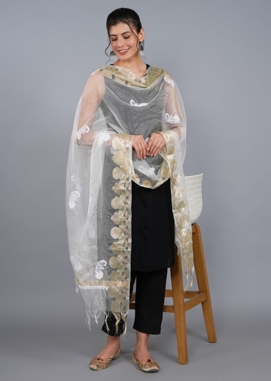 Firgun White Lucknowi Chikankari Organza Dyeable Dupatta
