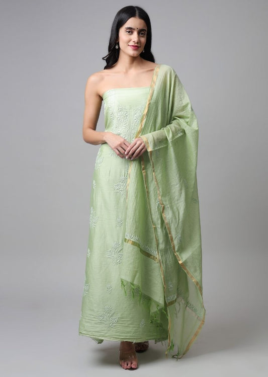 Firgun Lime Green Lucknowi Chikankari Chanderi Unstitched Kurta & Dupatta Set
