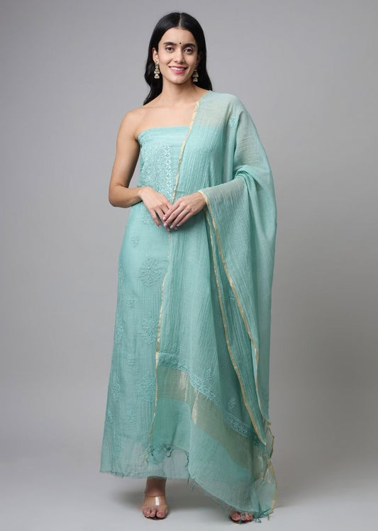Firgun Sea Green Lucknowi Chikankari Mul Chanderi Unstitched Kurta & Dupatta Set