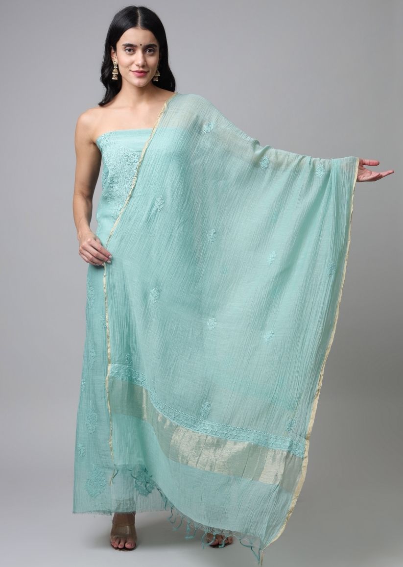Firgun Sea Green Lucknowi Chikankari Mul Chanderi Unstitched Kurta & Dupatta Set