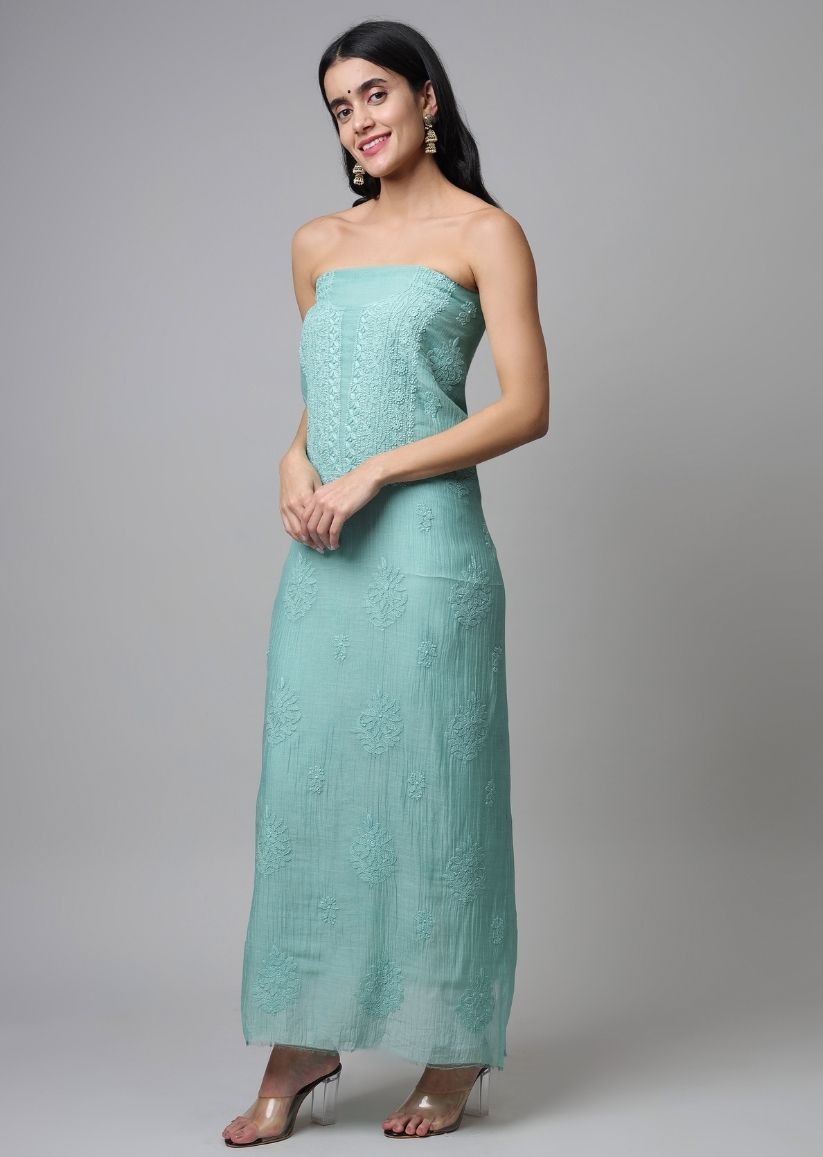 Firgun Sea Green Lucknowi Chikankari Mul Chanderi Unstitched Kurta & Dupatta Set