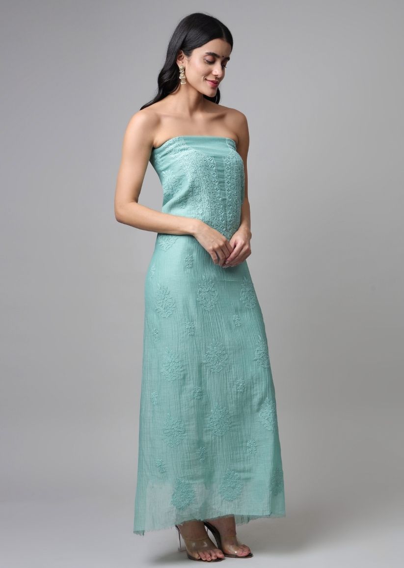 Firgun Sea Green Lucknowi Chikankari Mul Chanderi Unstitched Kurta & Dupatta Set