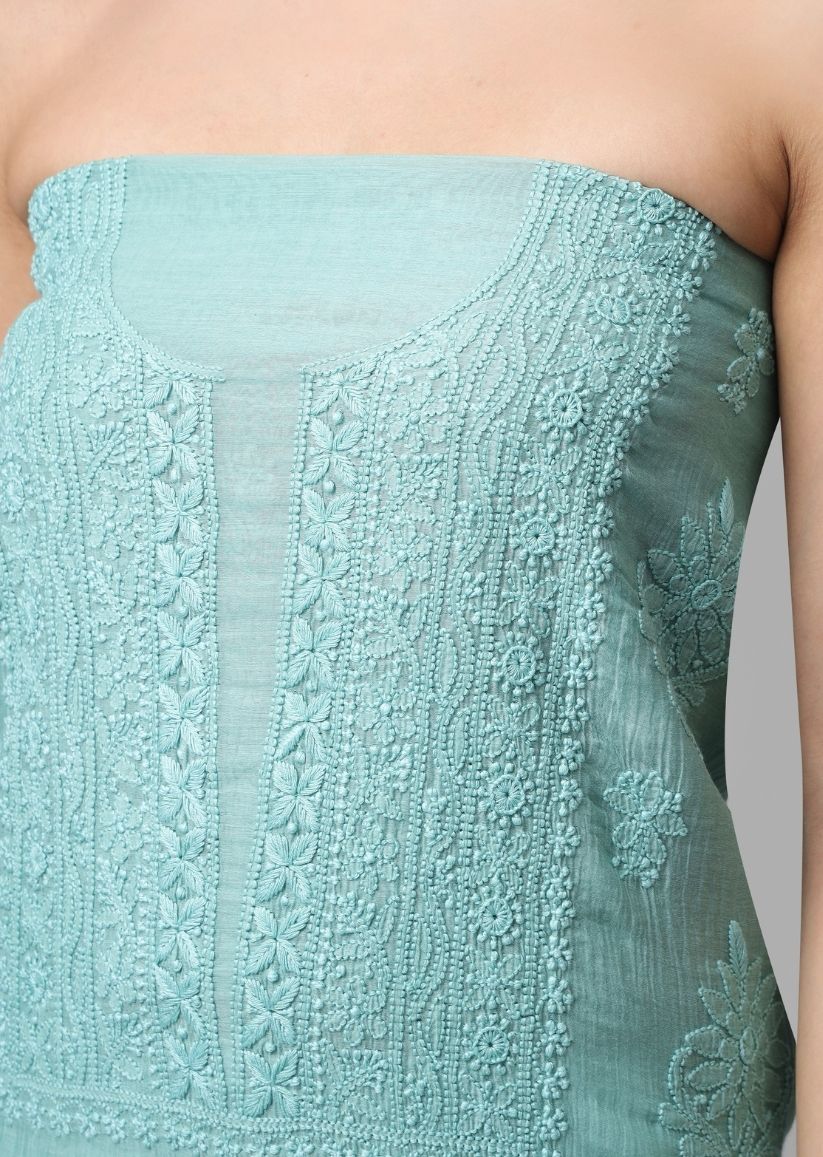Firgun Sea Green Lucknowi Chikankari Mul Chanderi Unstitched Kurta & Dupatta Set