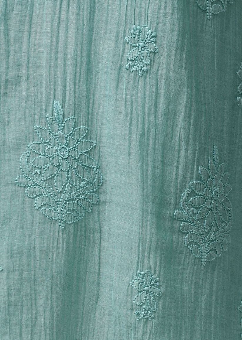 Firgun Sea Green Lucknowi Chikankari Mul Chanderi Unstitched Kurta & Dupatta Set