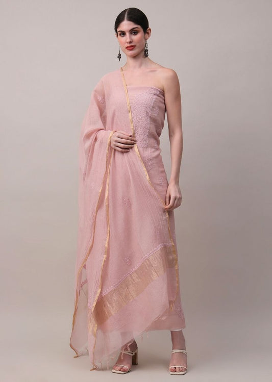 Firgun Rose Gold Lucknowi Chikankari Mul Cotton Unstitched Kurta & Dupatta Set