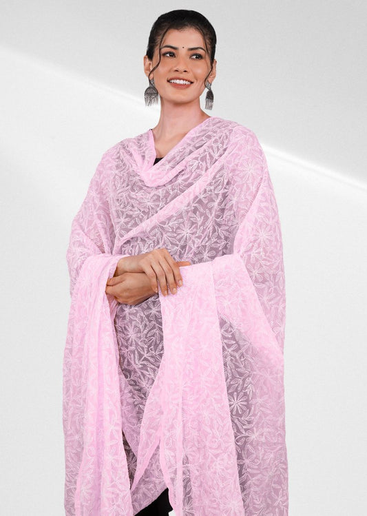Firgun Blush Pink Tepchi Lucknowi Chikankari Georgette Dupatta