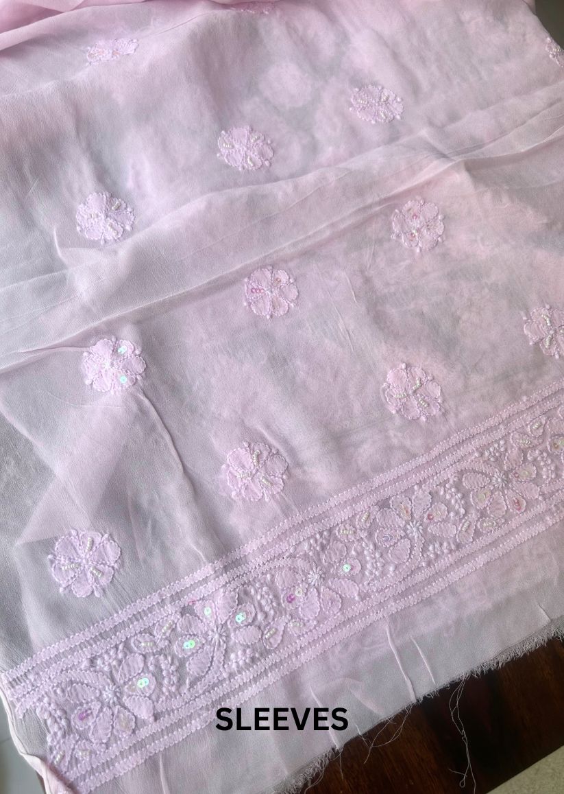 Firgun Baby Pink Lucknowi Chikankari Viscose Georgette Unstitched Kurta & Dupatta Set