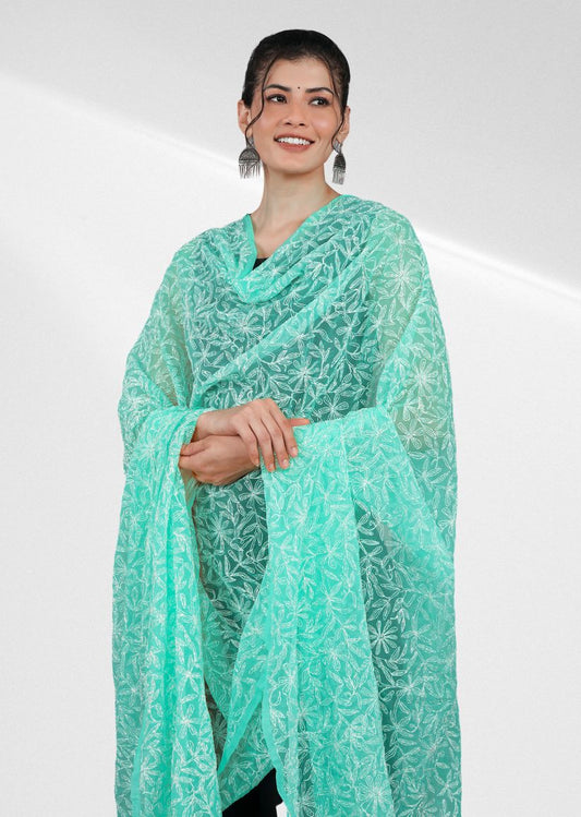 Firgun Mint Green Tepchi Lucknowi Chikankari Georgette Dupatta