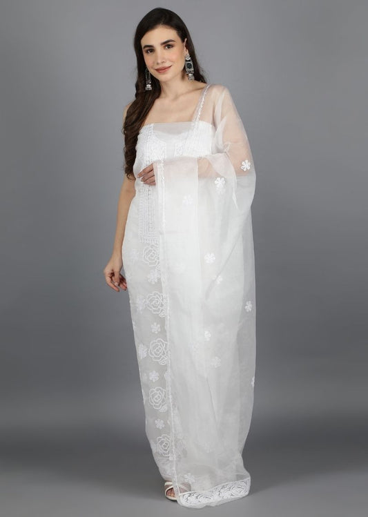 Firgun White Lucknowi Chikankari Organza Unstitched Kurta & Dupatta Set