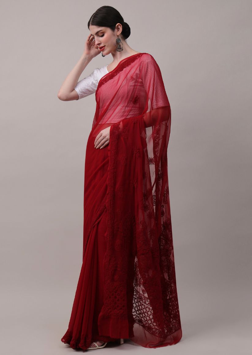 Firgun Lucknowi Chikankari Georgette Saree with Blouse Piece