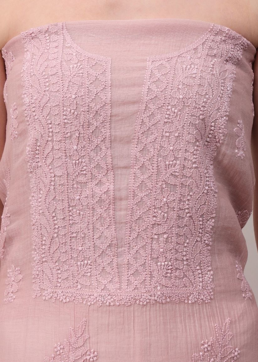 Firgun Rose Gold Lucknowi Chikankari Mul Cotton Unstitched Kurta & Dupatta Set