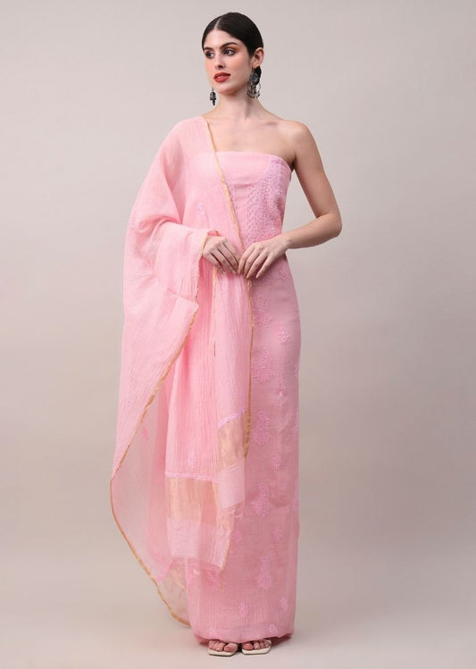Firgun Rose Pink Lucknowi Chikankari Mul Cotton Unstitched Kurta & Dupatta Set