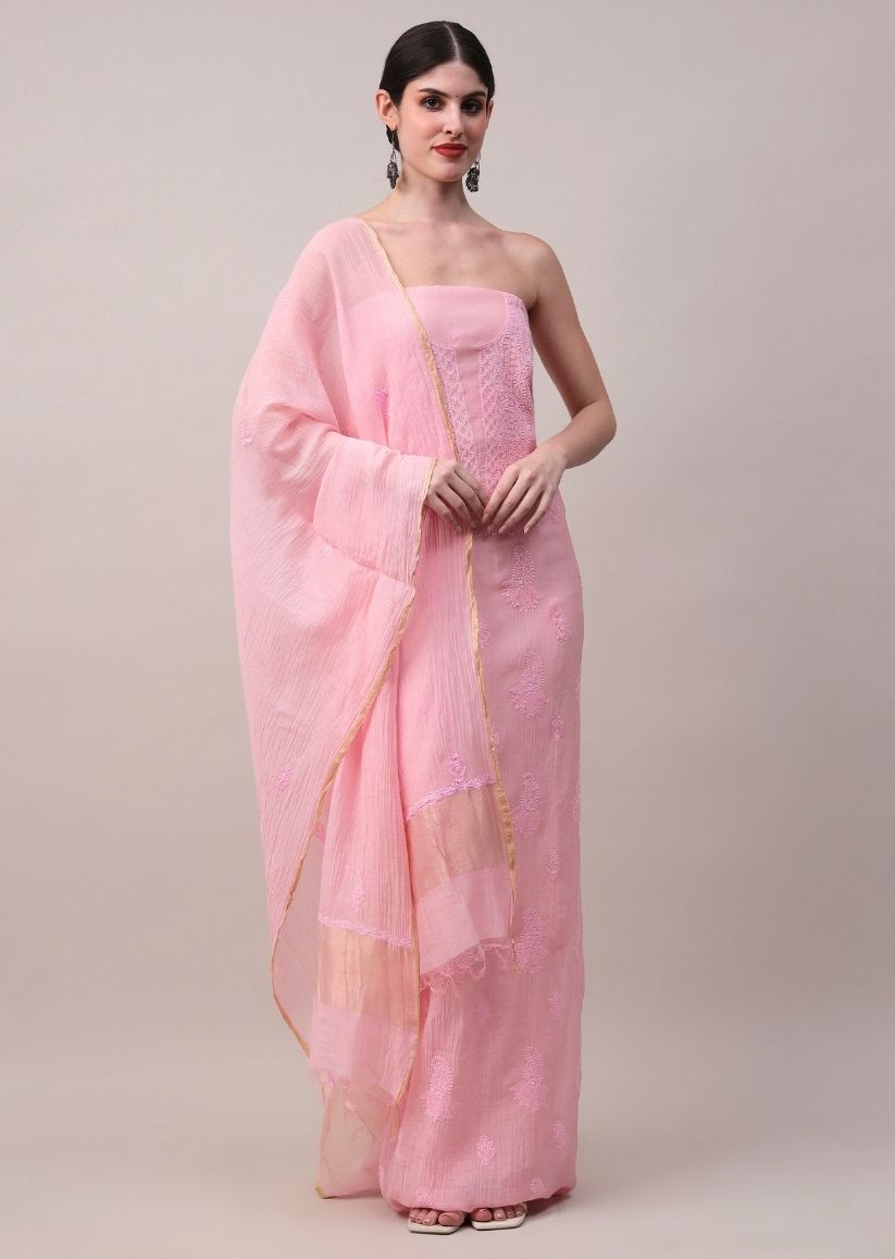 Firgun Rose Pink Lucknowi Chikankari Mul Cotton Unstitched Kurta & Dupatta Set