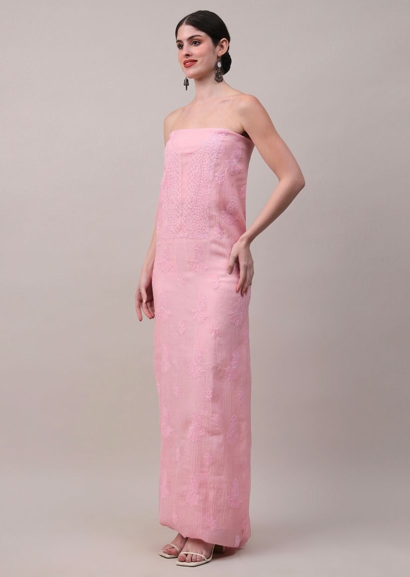 Firgun Rose Pink Lucknowi Chikankari Mul Cotton Unstitched Kurta & Dupatta Set