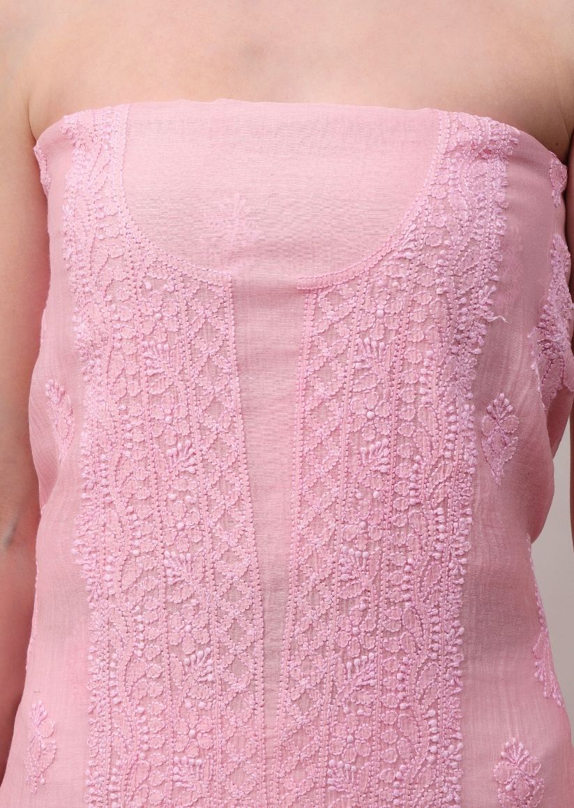Firgun Rose Pink Lucknowi Chikankari Mul Cotton Unstitched Kurta & Dupatta Set