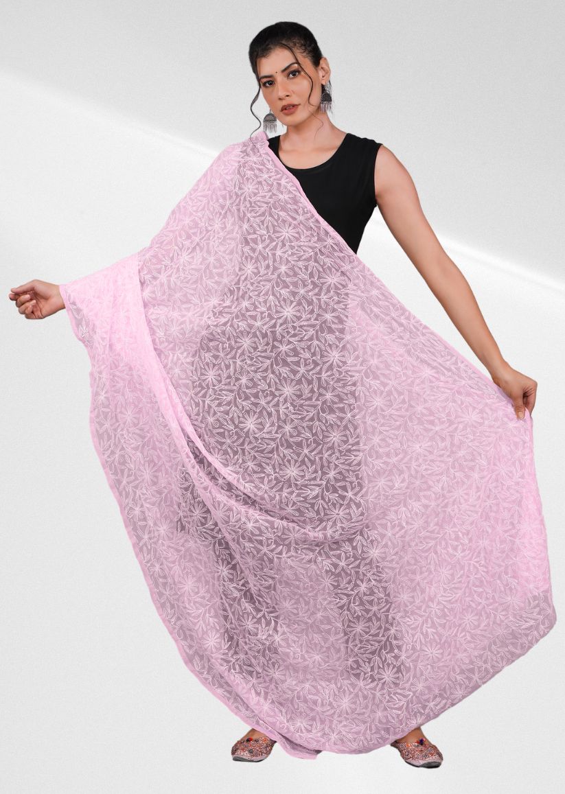 Firgun Blush Pink Tepchi Lucknowi Chikankari Georgette Dupatta