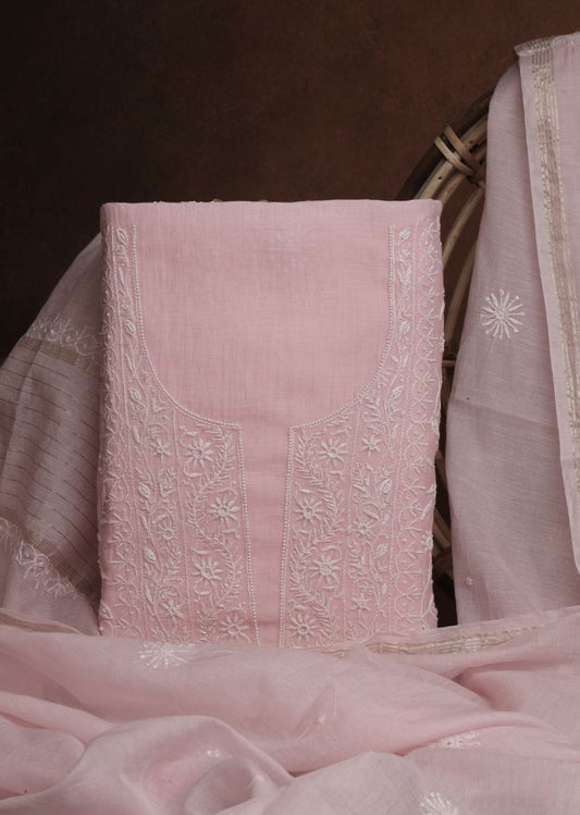 Firgun Baby Pink Lucknowi Chikankari & Pearl Work Mul Chanderi Unstitched Kurta & Dupatta Set