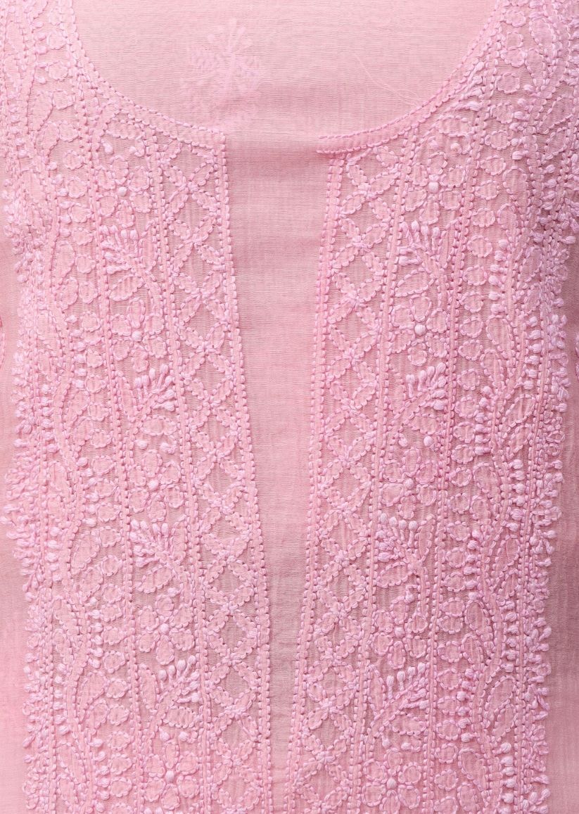 Firgun Rose Pink Lucknowi Chikankari Mul Cotton Unstitched Kurta & Dupatta Set