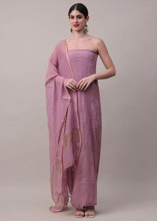 Firgun Wine Lucknowi Chikankari Mul Chanderi Unstitched Kurta & Dupatta Set