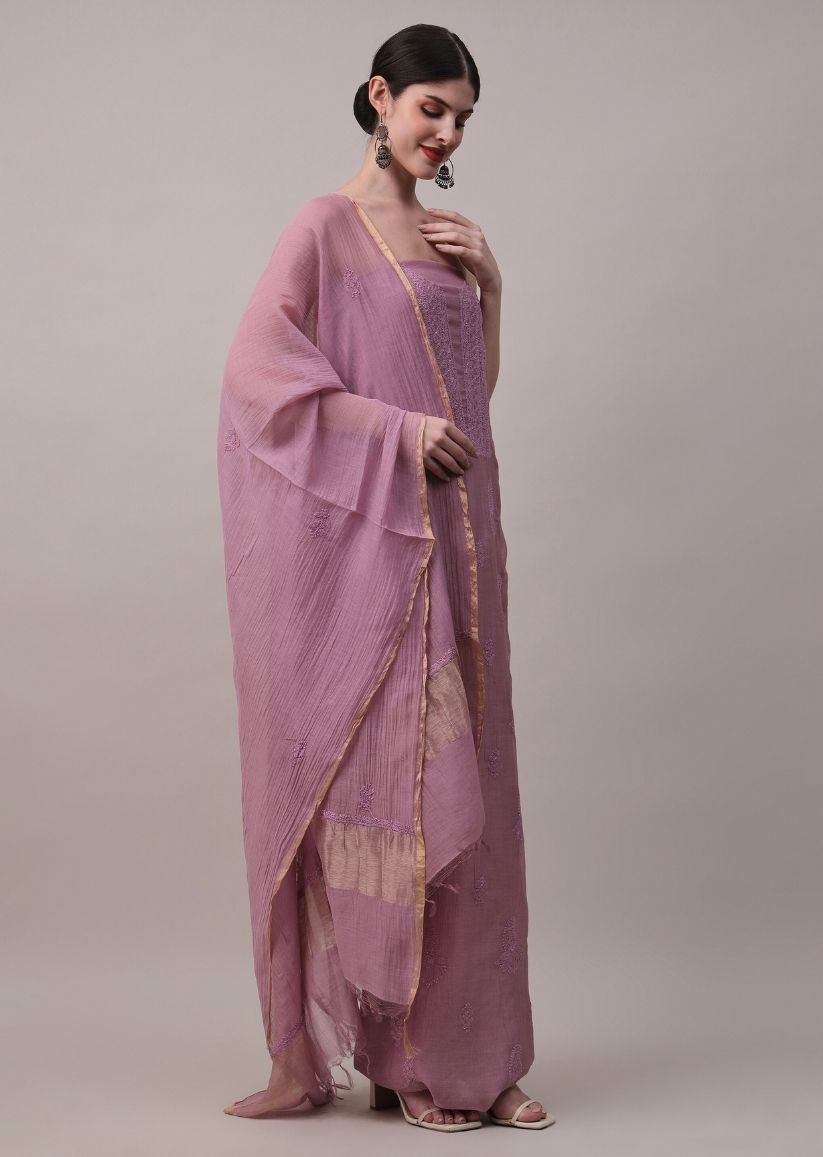 Firgun Wine Lucknowi Chikankari Mul Chanderi Unstitched Kurta & Dupatta Set