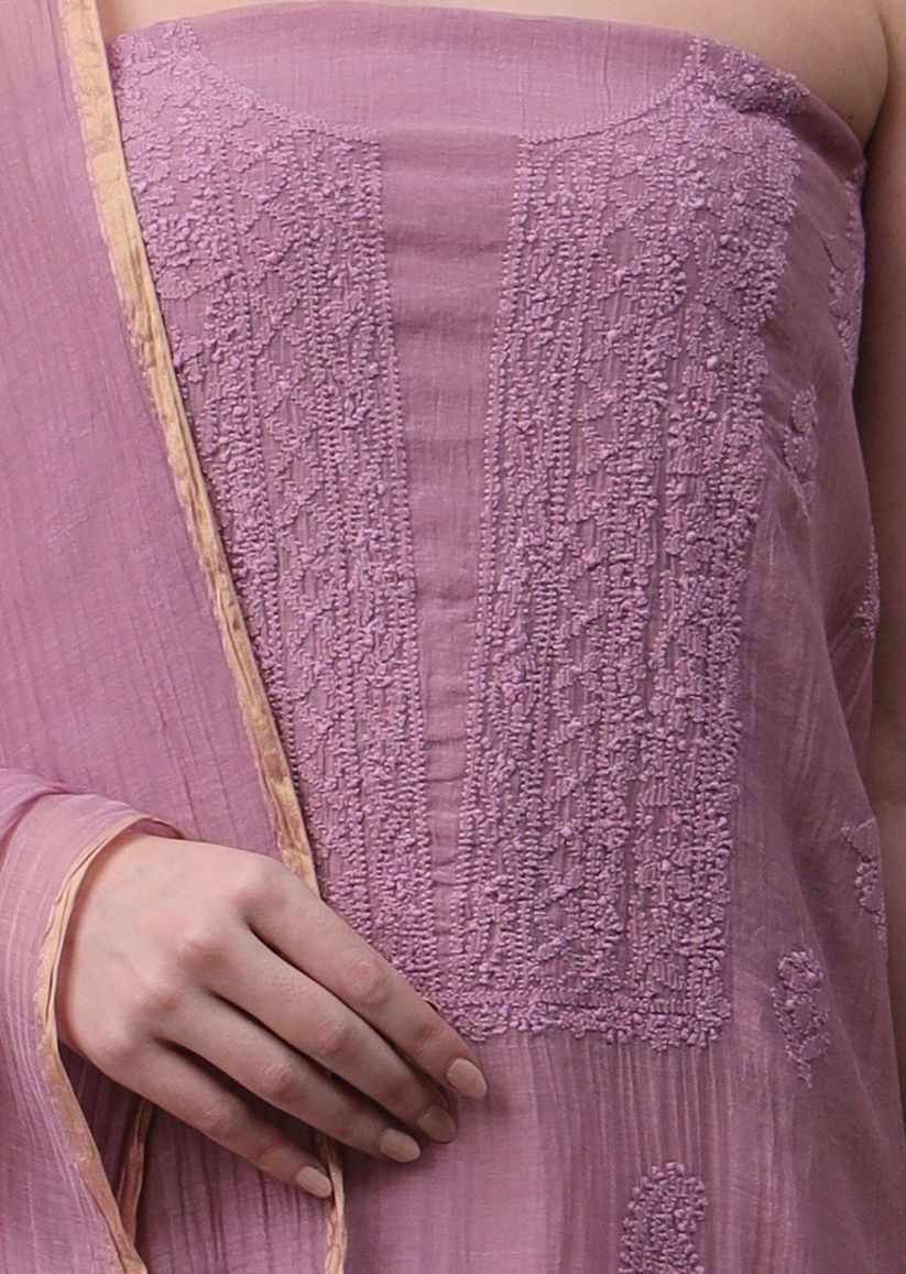 Firgun Wine Lucknowi Chikankari Mul Chanderi Unstitched Kurta & Dupatta Set