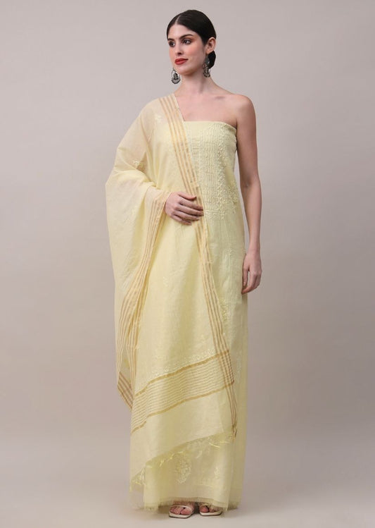 Firgun Lemon Lucknowi Chikankari Mul Chanderi Unstitched Kurta & Dupatta Set