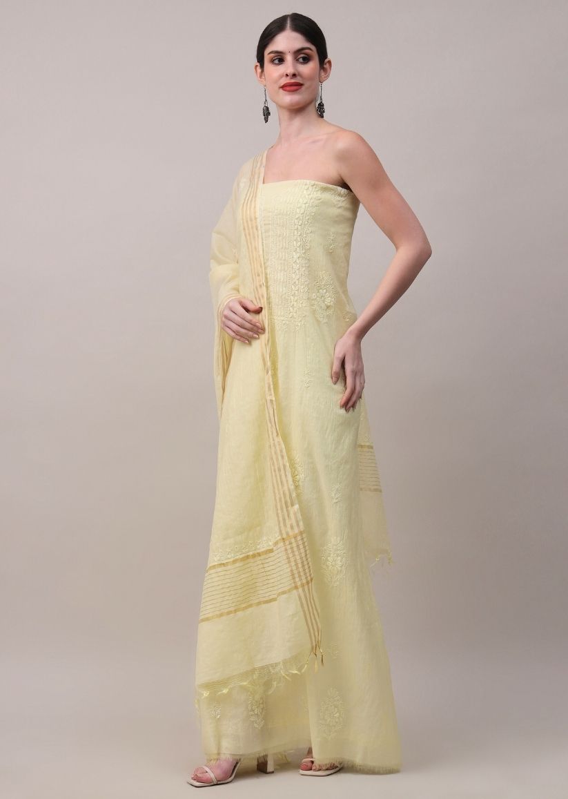 Firgun Lemon Lucknowi Chikankari Mul Chanderi Unstitched Kurta & Dupatta Set