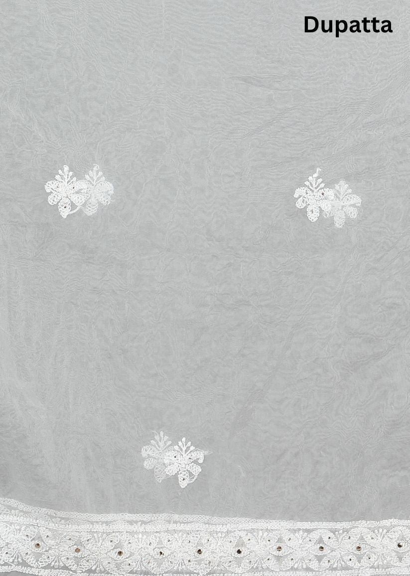 Firgun White Dyeable Lucknowi Chikankari Organza Unstitched Kurta & Dupatta Set