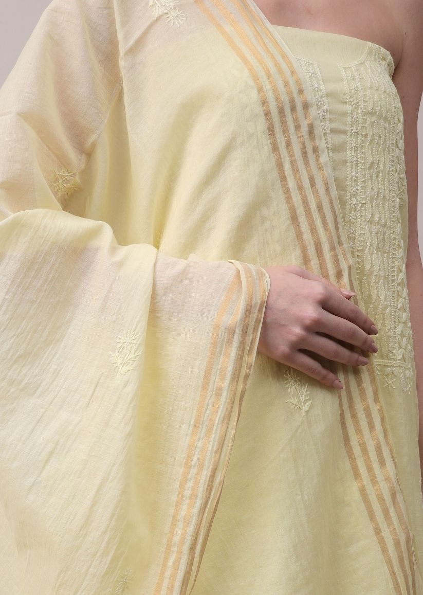 Firgun Lemon Lucknowi Chikankari Mul Chanderi Unstitched Kurta & Dupatta Set