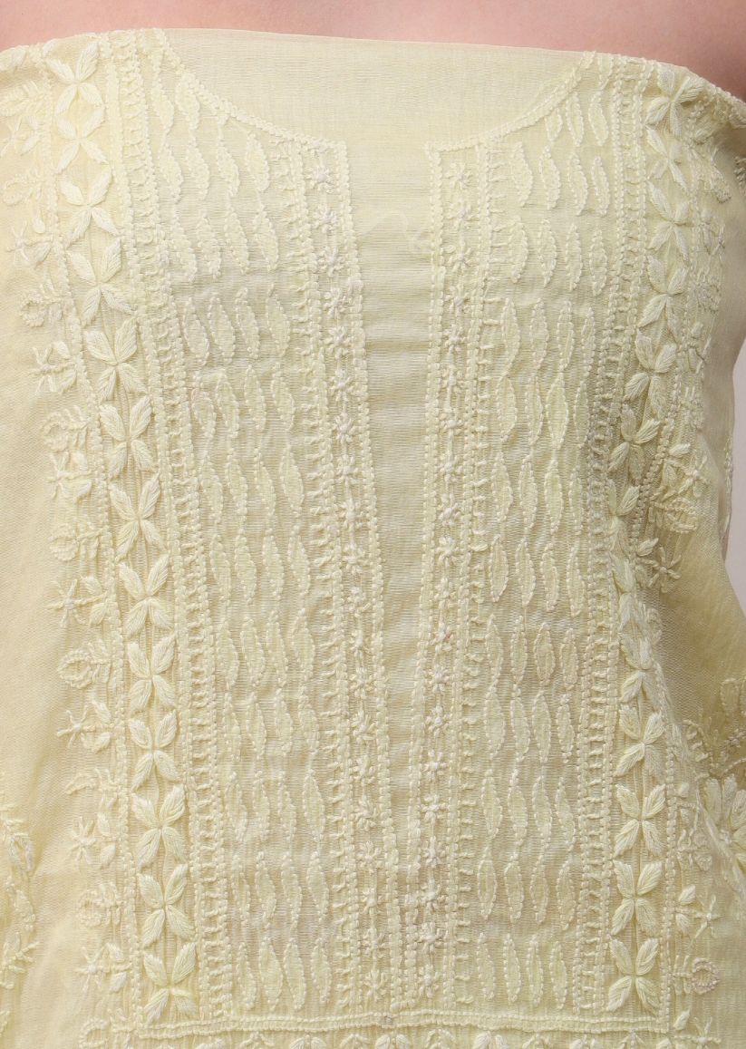 Firgun Lemon Lucknowi Chikankari Mul Chanderi Unstitched Kurta & Dupatta Set