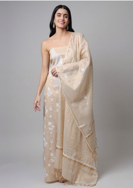 Firgun Lucknowi Chikankari Pearl Work Banarasi Tissue Unstitched Kurta & Dupatta Set