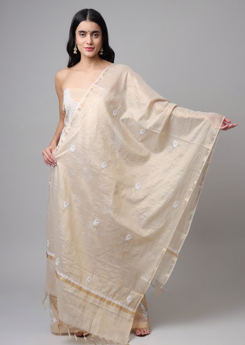 Firgun Lucknowi Chikankari Pearl Work Banarasi Tissue Unstitched Kurta & Dupatta Set