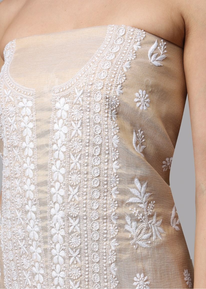 Firgun Lucknowi Chikankari Pearl Work Banarasi Tissue Unstitched Kurta & Dupatta Set