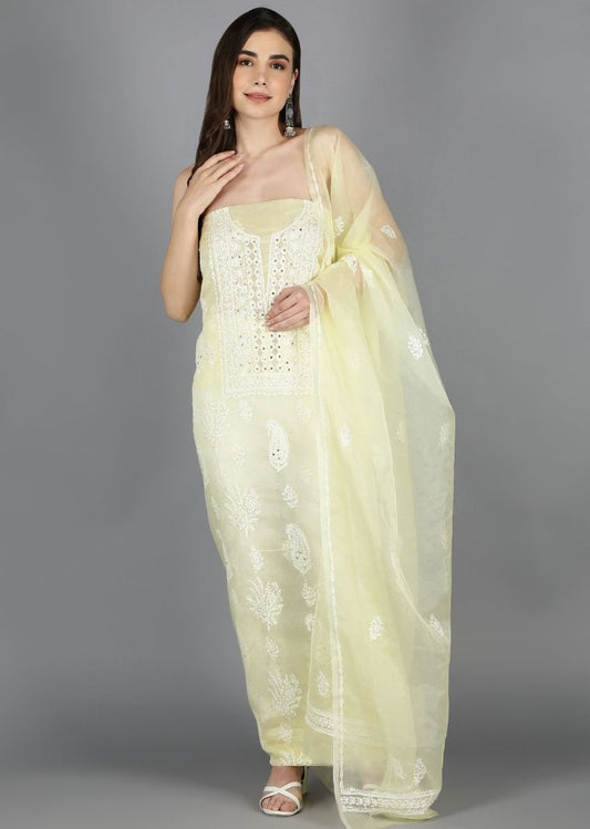 Firgun Lemon Lucknowi Chikankari and Mukaish Work Organza Unstitched Kurta & Dupatta Set