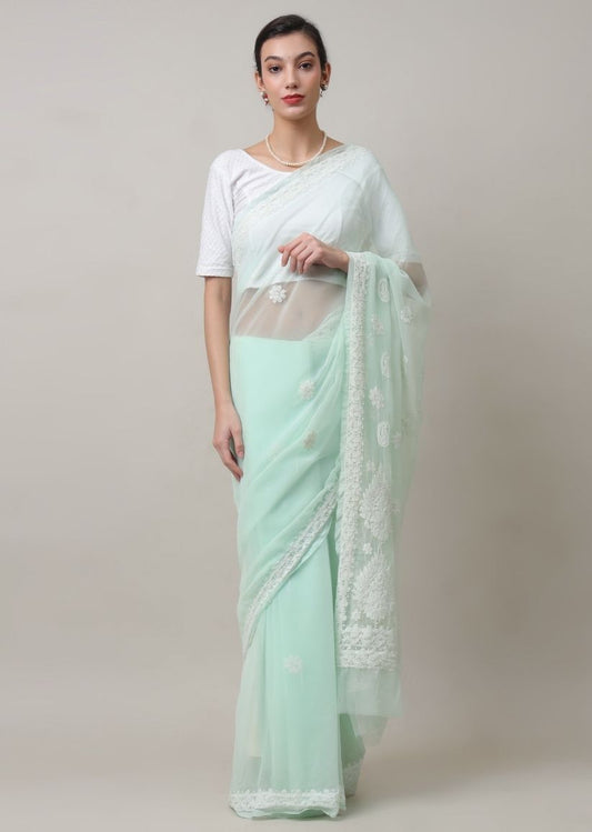 Firgun Light Green Lucknowi Chikankari Georgette Saree with Unstitched Blouse Piece