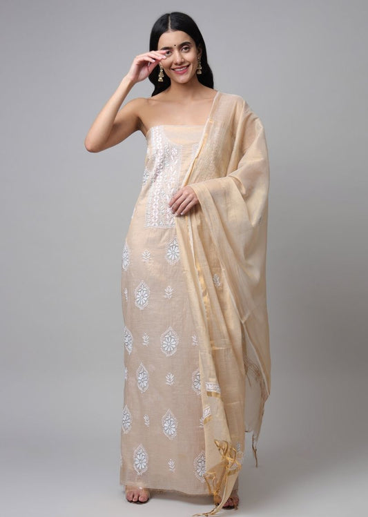 Firgun Swarna Lucknowi Chikankari Pearl Work Banarasi Tissue Unstitched Kurta & Dupatta Set