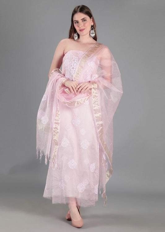 Firgun Baby Pink Lucknowi Chikankari Organza Unstitched Kurta & Dupatta Set