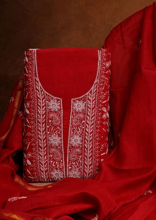 Firgun Red Lucknowi Chikankari Mul Chanderi Unstitched Kurta & Dupatta Set