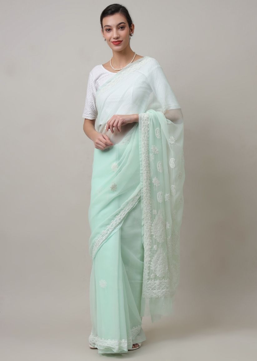 Firgun Light Green Lucknowi Chikankari Georgette Saree with Unstitched Blouse Piece