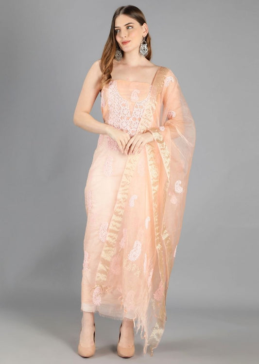 Firgun Peach Lucknowi Chikankari Organza Unstitched Kurta & Dupatta Set